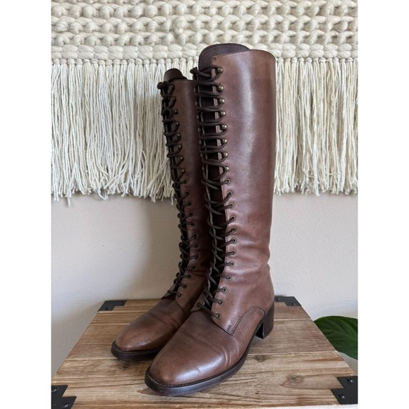 Charles David Shoes - 90s Vintage Charles David Brown Leather Lace Up Knee High Riding Boots Size 8